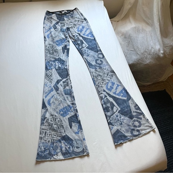NWT I AM GIA blue Etta tabloid newsprint mesh knit flare bootcut pants
